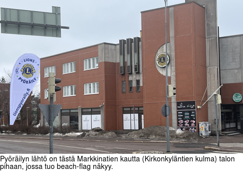 Pyöräilyn lähtö on tästä Markkinatien kautta (Kirkonkyläntien kulma) talon pihaan, jossa tuo beach-flag näkyy.